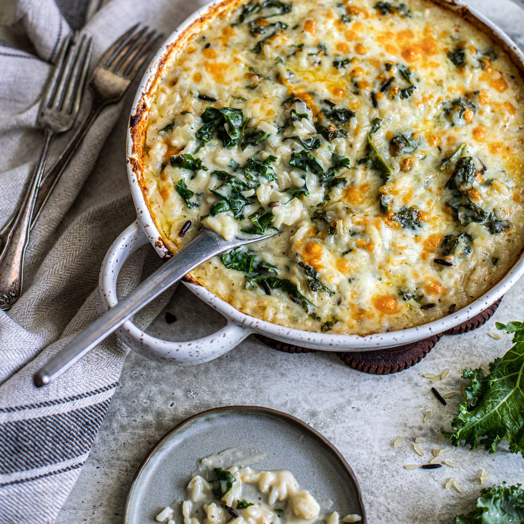 Long & Wild Rice gratin with Kale & Cheddar