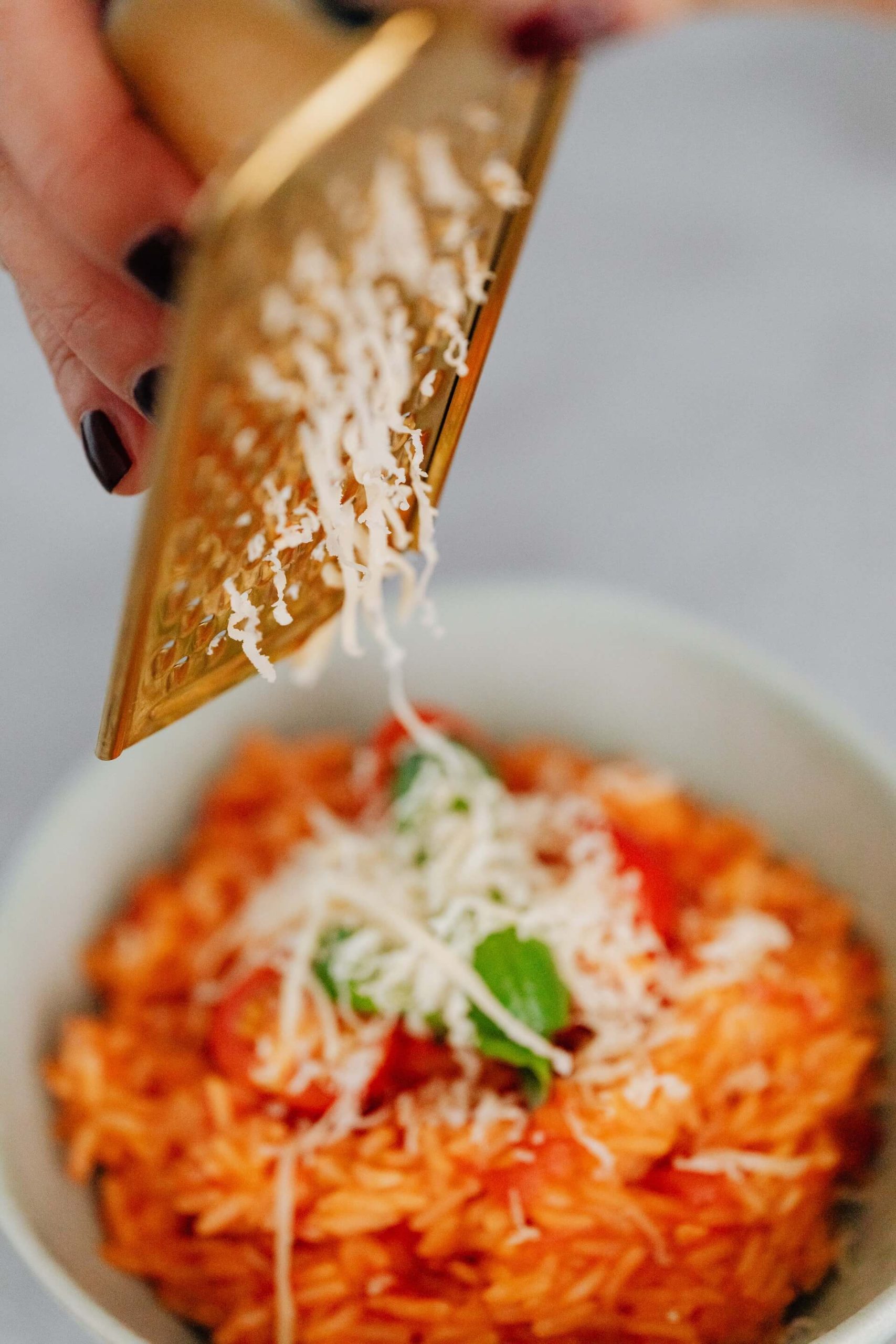 A sun dried tomato risotto with cheese in a plate