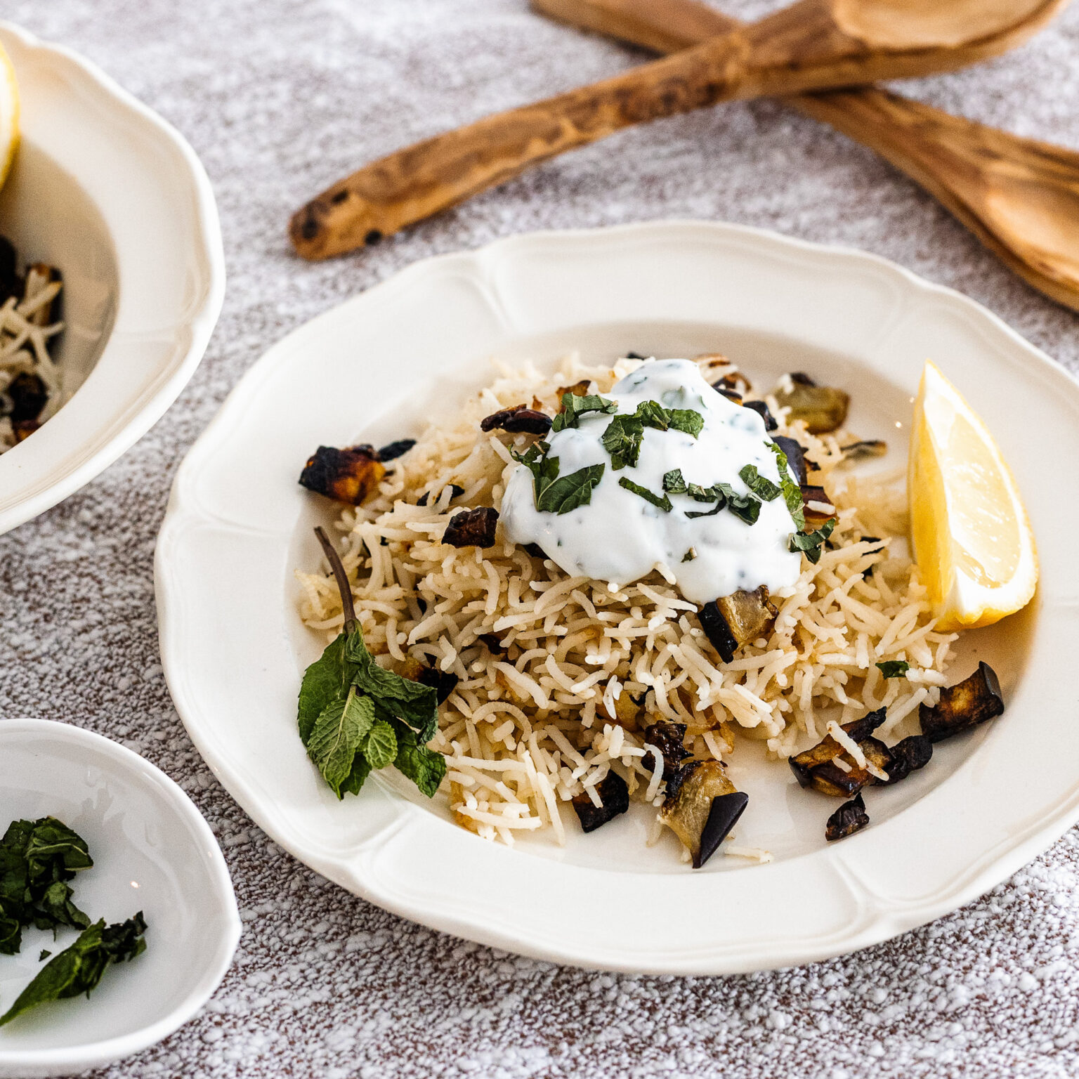 Dainty Rice Roasted Eggplant Basmati Pilaf with Mint Raita Dainty Rice